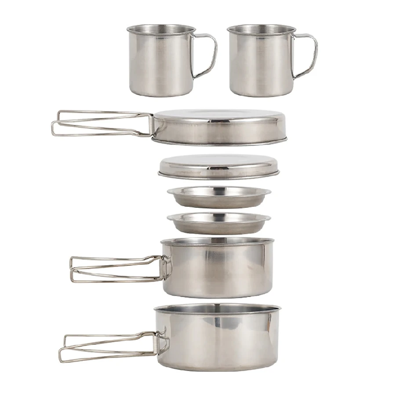 Camping Cooking Set Stainless Steel - 8個/セット キャンプ調理器具セット ステンレス製調理鍋とフライパンセット プレートとカップ付き アウトドアハイキングバックパッキング用