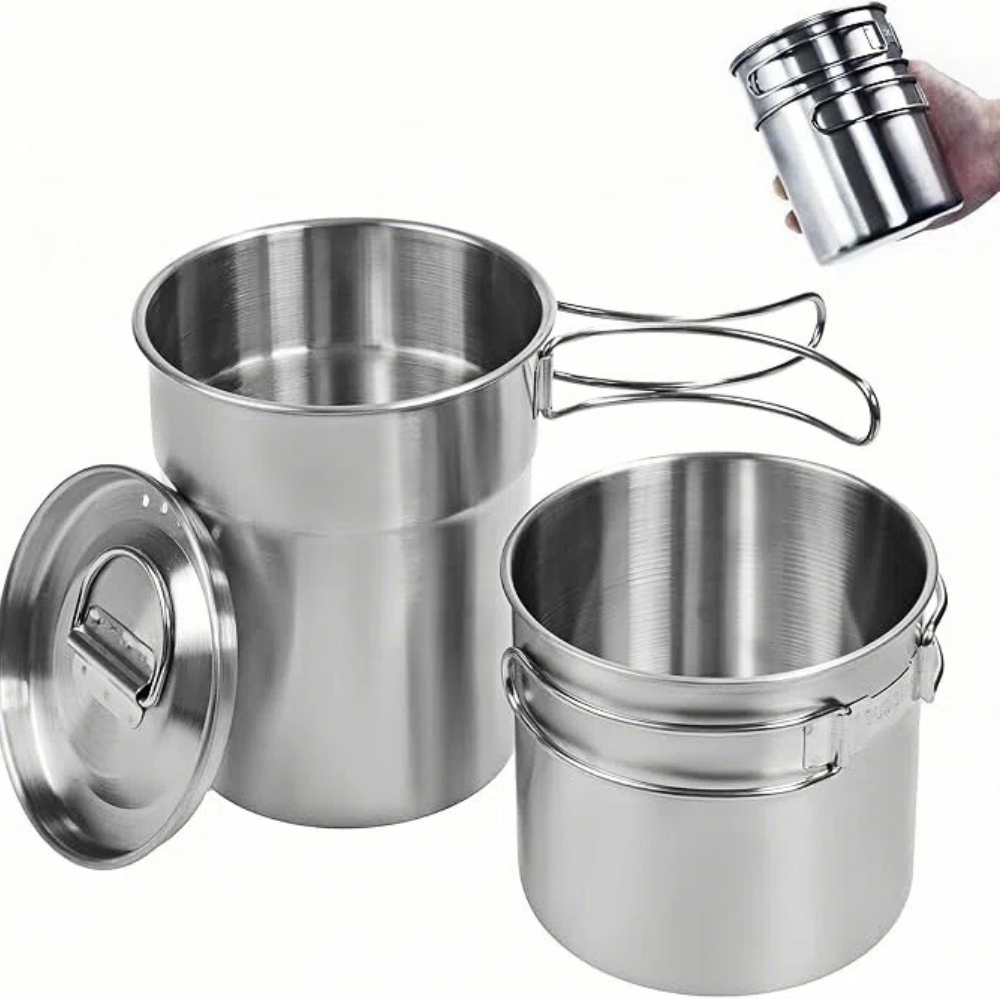 Camping Cooking Set Stainless Steel - 折りたたみ式キャンプカップマグカップキャンプポット調理器具304食品グレード屋外キャンプクッキングセット（通気蓋付き、ステンレス鋼バックパック）