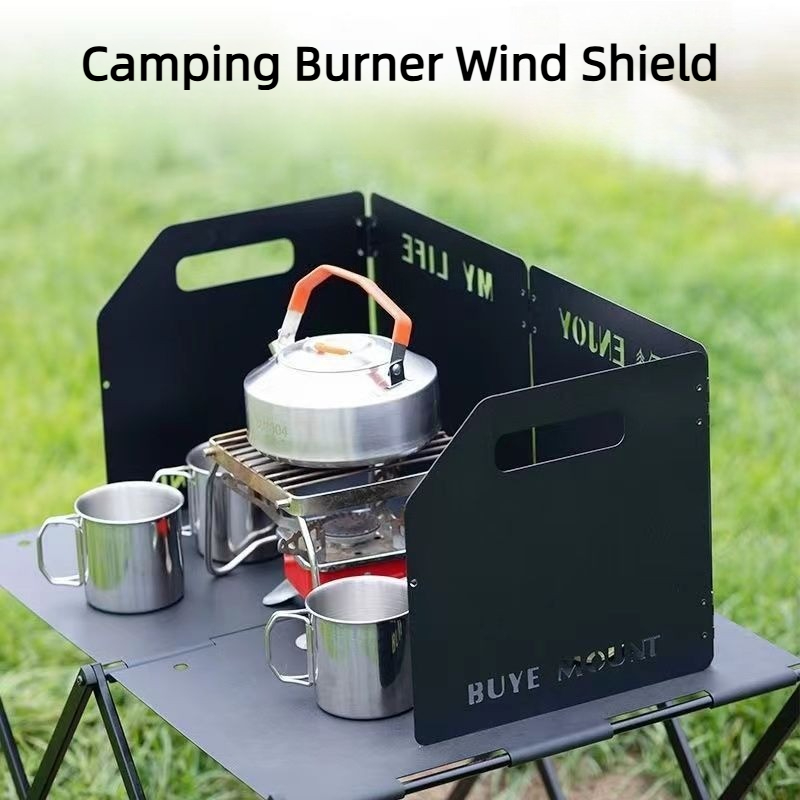 Camping Cooking Kitchen - キャンプ用ストーブ風防 4つ折り風よけ ポータブル折りたたみ式ストーブガード アウトドア調理用 高耐久性炭素鋼製風防