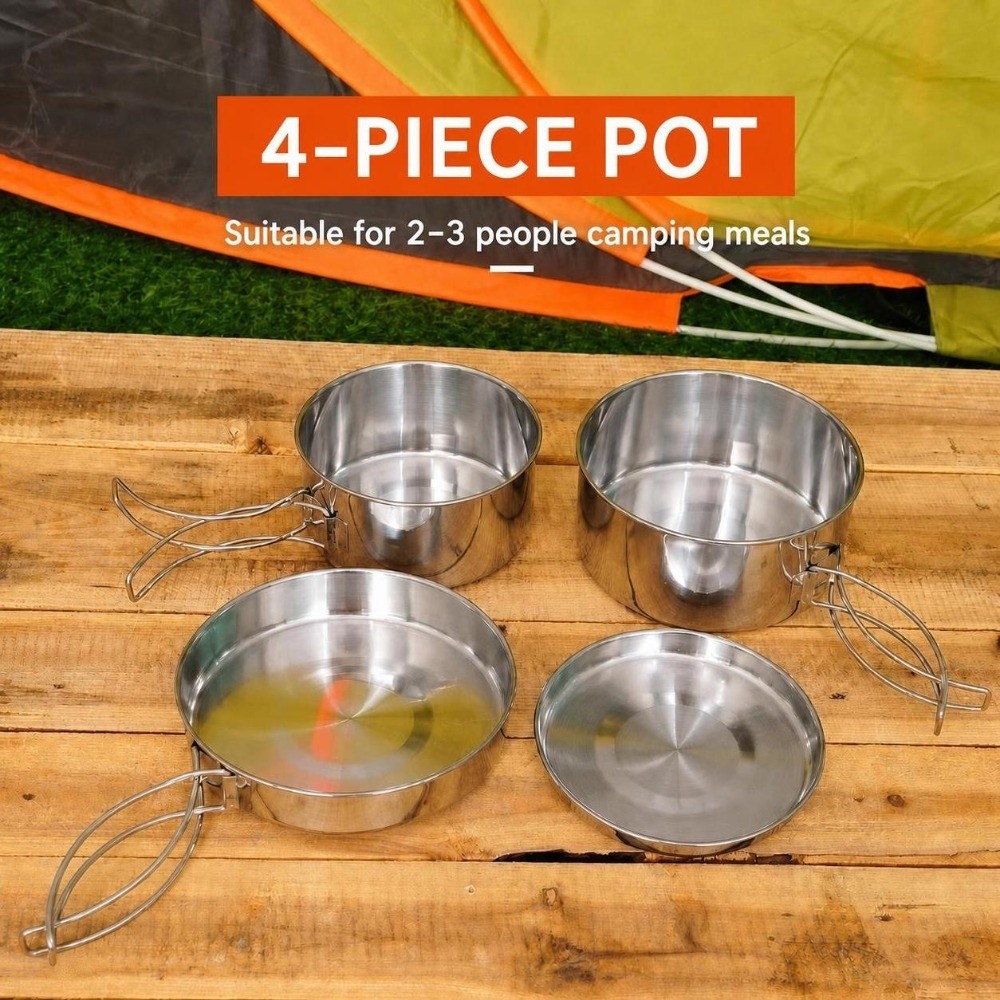 Camping Cooking Set Stainless Steel - 4点セット ポータブル ステンレス製 キャンプ用調理器具セット 積み重ね可能 4ピースセット
