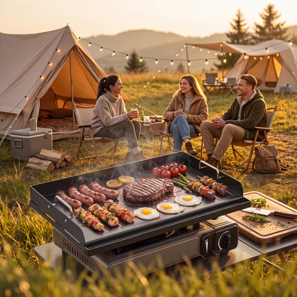 Camping Cooking Pan - 厚手のプレシーズニング済みノンスティック鋳鉄グリドル 25インチ x 16インチ、取り外し可能なハンドル付きフラットトップベーキングパン、キャンプパーティー用