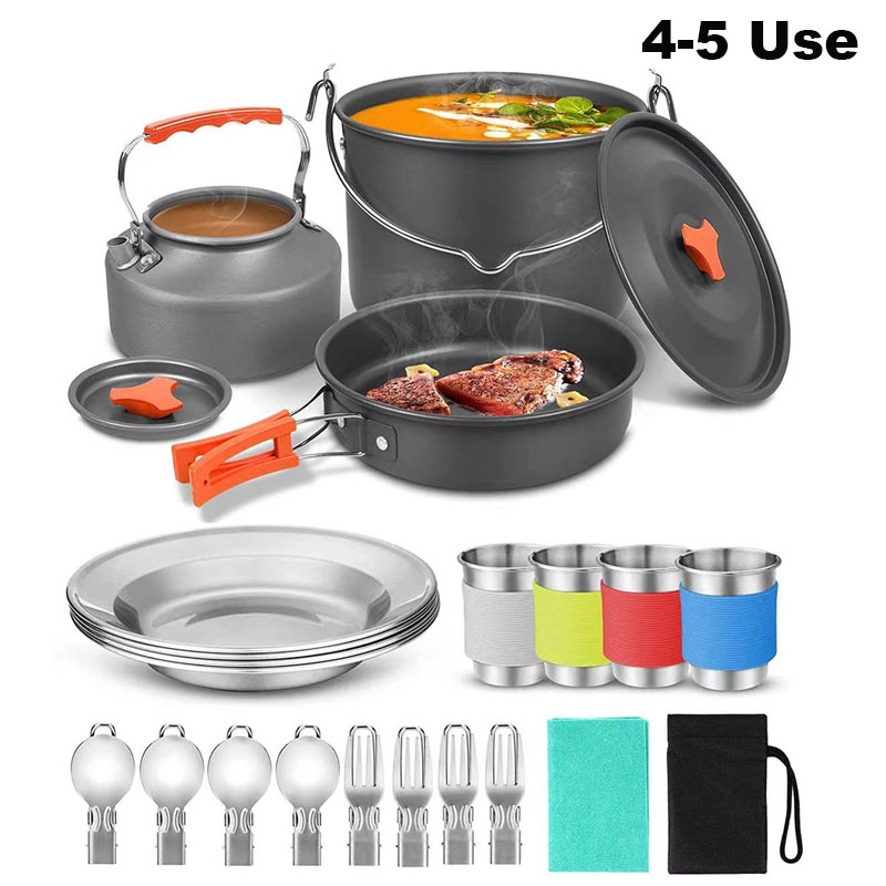 Camping Cooking Set For 4 - メッシュバッグ付きアルミアウトドアキャンプ調理器具セット折りたたみ式調理セットキャンプキッチン調理器具とフライパン機器