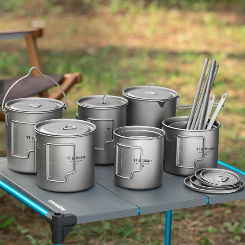 Camping Cooking Set Stainless Steel - Tiartisan 屋外チタン軽量ポータブルティーコーヒーカップ折りたたみハンドルキャンプ水マグハイキング旅行用