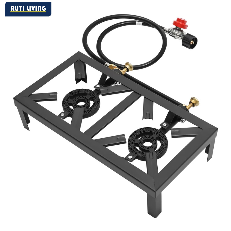 Camping Cooking Device - ポータブル1/2バーナー屋外ガスストーブ、プロパンコンロ、調整可能な0-10Psiレギュレーターホース付き、パティオキャンプ、バーベキュー用