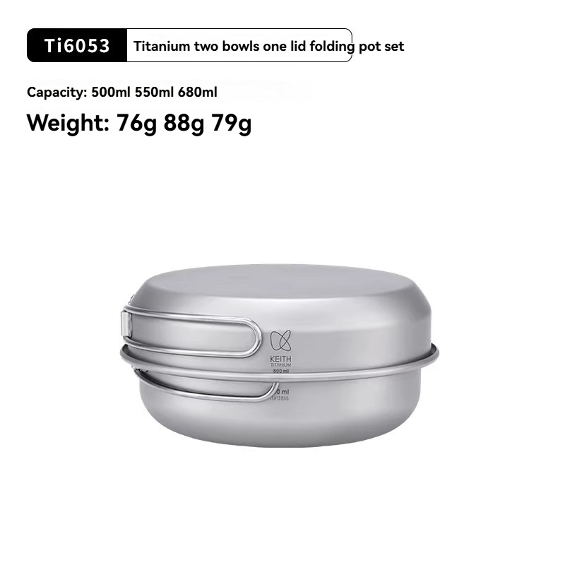 Camping Cooking Pan - キース 3点セット チタン製調理器具セット（フライパン、ボウル、折りたたみ式ハンドル付き）。アウトドア、旅行、狩猟、キャンプでの調理に最適。Ti6053。