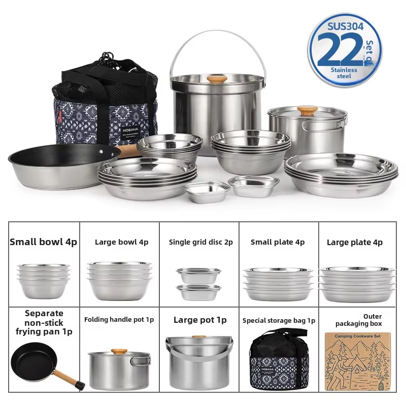 Camping Cooking Set Stainless Steel - NOBANA 最新の屋外ステンレス鋼ポットセットキャンプファミリーポットセット 5L ポータブルピクニックスープポット揚げ蒸し家庭用ポット