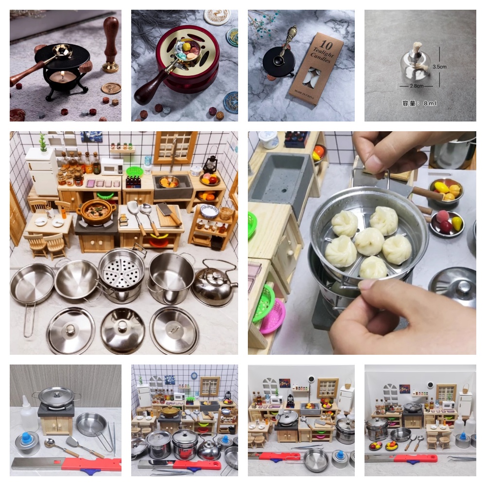 Camping Cooking Alcohol - ミニチュアキッチンシミュレーションクックトップ、ドールハウス、キッチンポットセット、レトロモデル、ファイアペイント、三脚ストーブ、アルコールランプアクセサリー
