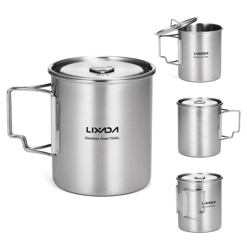 Camping Cooking Set Stainless Steel - Lixada-折りたたみ式ハンドルと蓋付きステンレススチールマグ、屋外ウォーターカップ、キャンプハイキングバックパッキング、750ml