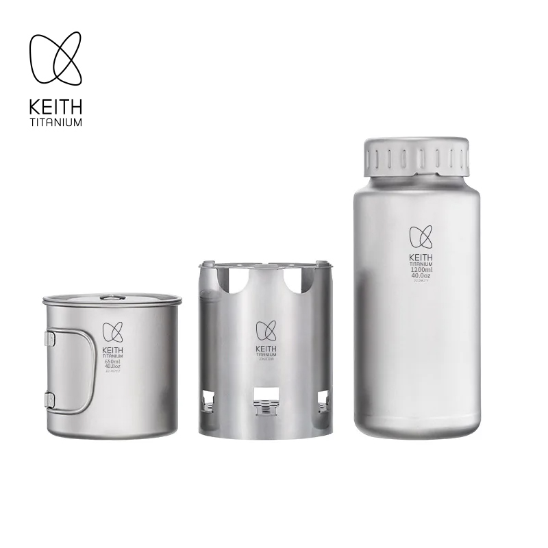 Camping Cooking Device - KEITH 純チタン製ネスティングキャンプセット 1200ml ウォーターボトル + 650ml