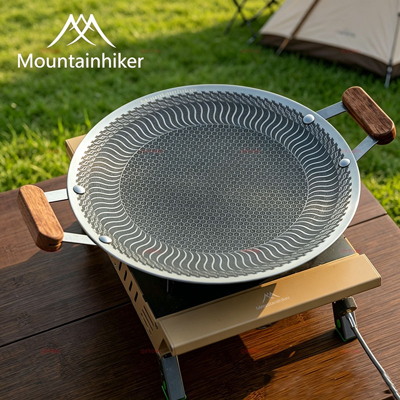 Camping Cooking Device - Mountainhiker ノンスティックステンレス鋼バーベキュースキレットキャンプグリルトレイ屋外ピクニックキッチンベーキングフライパン木製ハンドル