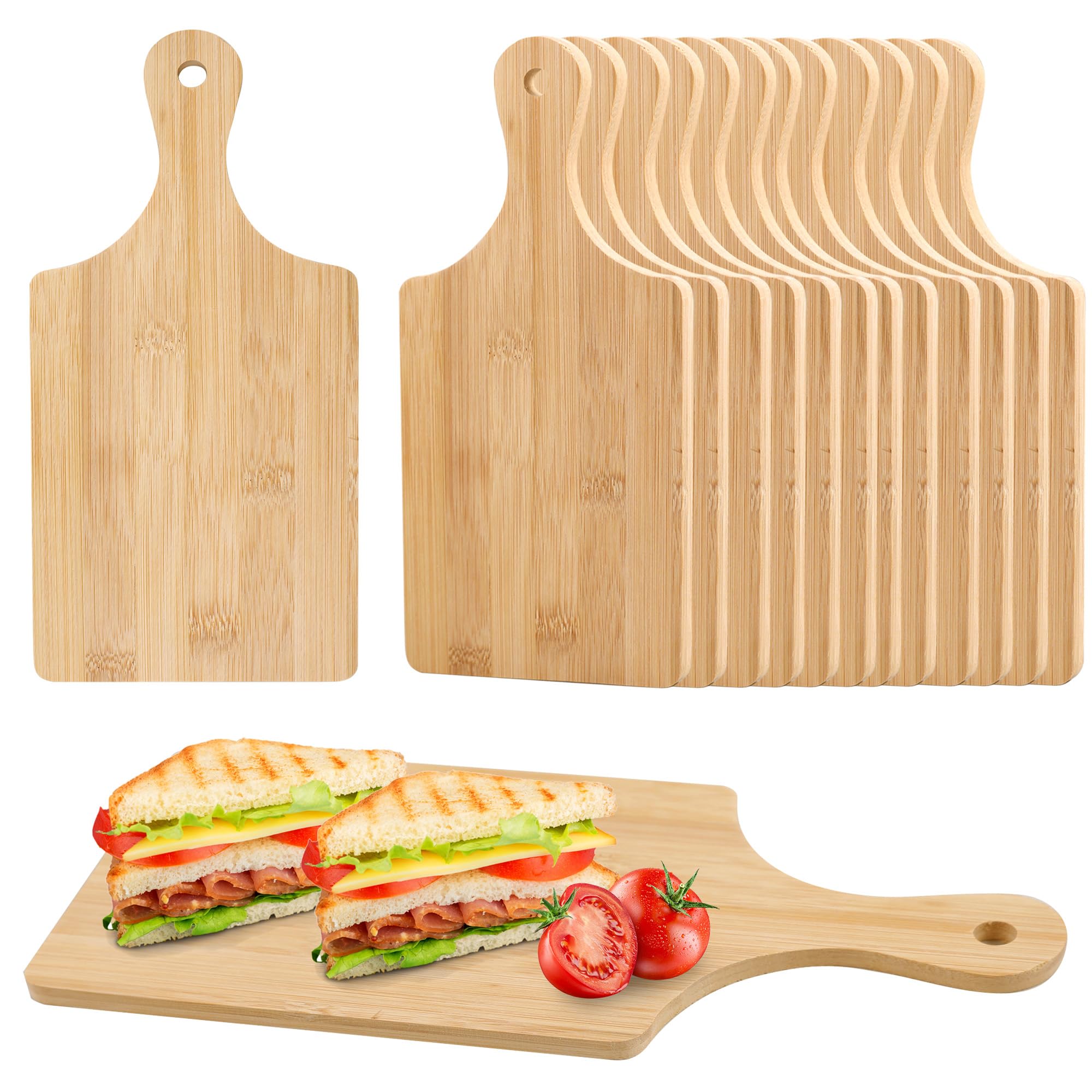 Camp Cutting Board - キャンプ用調理器具セット。竹製のまな板12枚入り。持ち手付きの木製まな板で、アウトドアでの料理、バーベキュー、ピクニックに最適。サイズ：11 x 5。