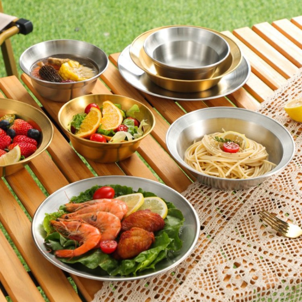 Camping Cooking Set For 4 - ステンレス製カトラリーセット、プレートとボウルのキャンプセット（家庭用） | キャンプ、ハイキング、ビーチ、アウトドア用