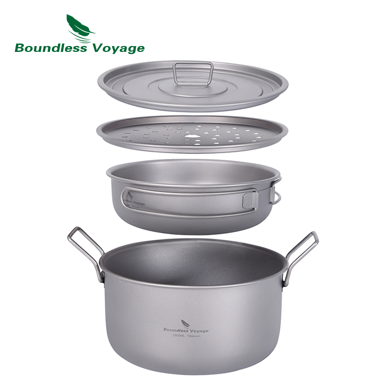 Camping Cooking Pan - 無限の航海-多機能調理鍋、チタン蒸し器、スープ鍋、蓋付きフライパンセット、屋外混乱キット、キャンプ、ti2057c