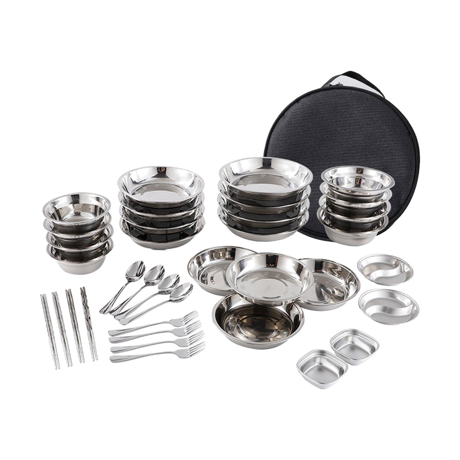 ステンレス製カトラリーセット、プレートとボウル、キャンプ用品 - Camping Cooking Set For 4 のレビューと価格