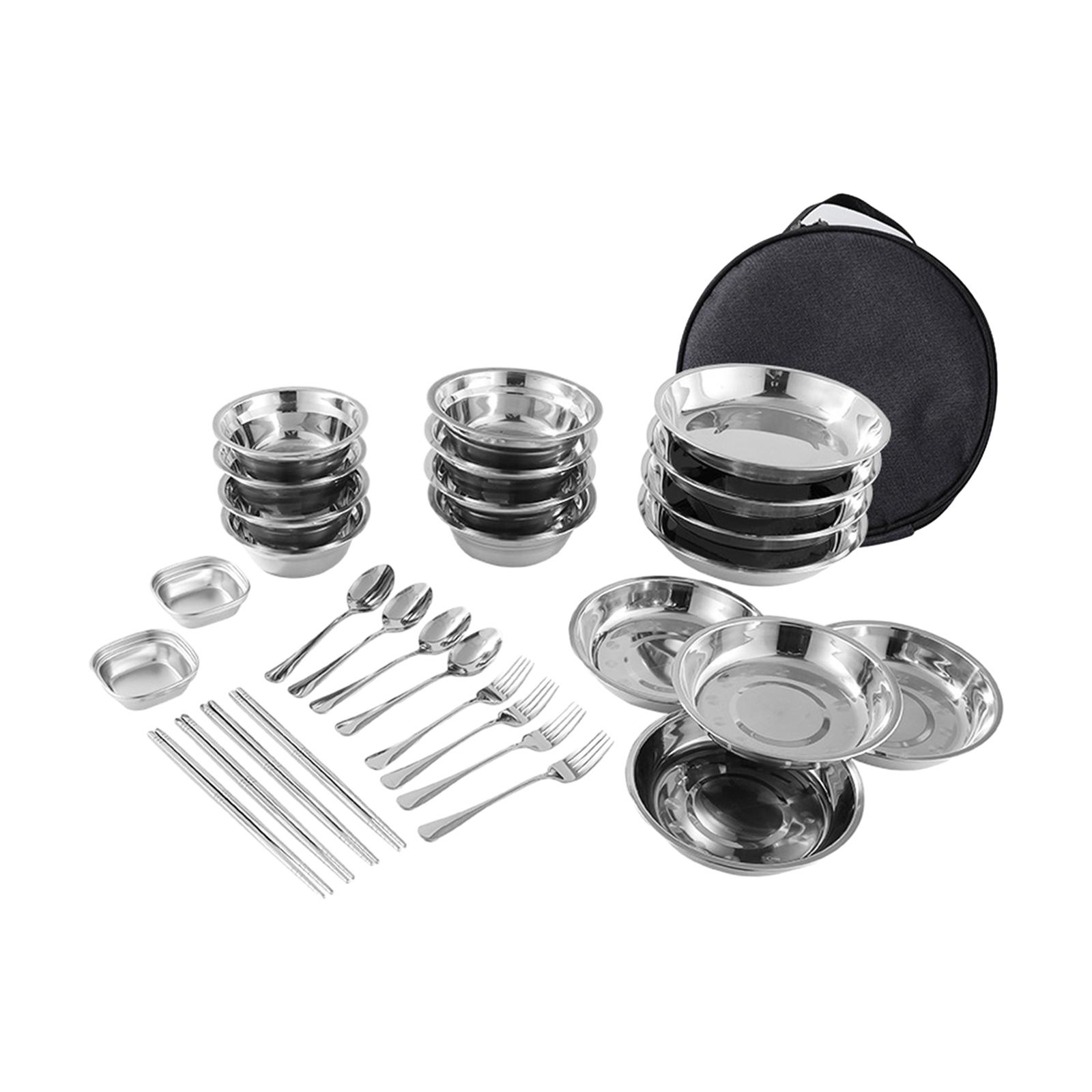 ステンレス製カトラリーセット、プレートとボウル、キャンプ用品 - Camping Cooking Set For 4 のレビューと価格
