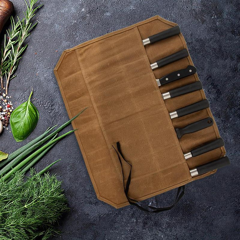 ワックスキャンバス製シェフナイフロール、複数の収納スロット、 - Camping Cooking Kitchen のレビューと価格