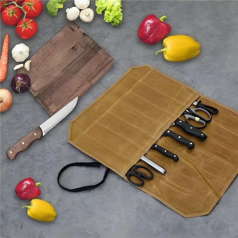 ワックスキャンバス製シェフナイフロール、複数の収納スロット、 - Camping Cooking Kitchen のレビューと価格