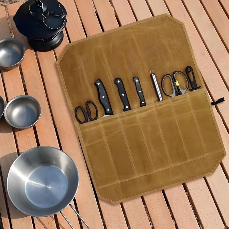 ワックスキャンバス製シェフナイフロール、複数の収納スロット、 - Camping Cooking Kitchen のレビューと価格