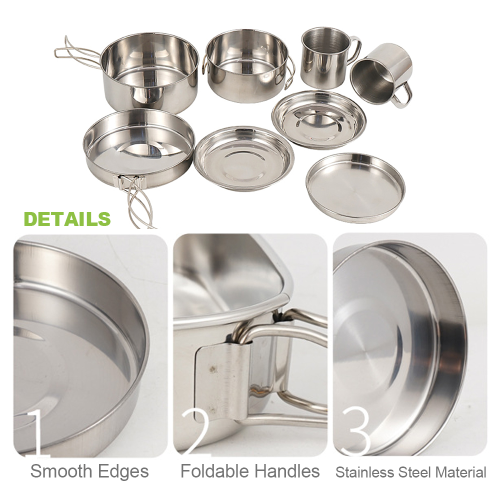 キャンプ調理器具メスキット 8 個ステンレス鋼調理鍋とフライ - Camping Cooking Set For 4 のレビューと価格