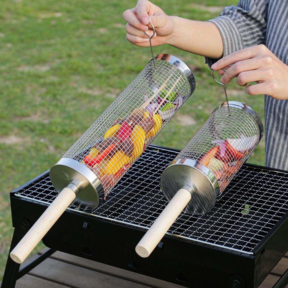 ステンレス製回転式BBQグリルバスケット、木製ハンドル付き回 - Camping Cooking Device のレビューと価格