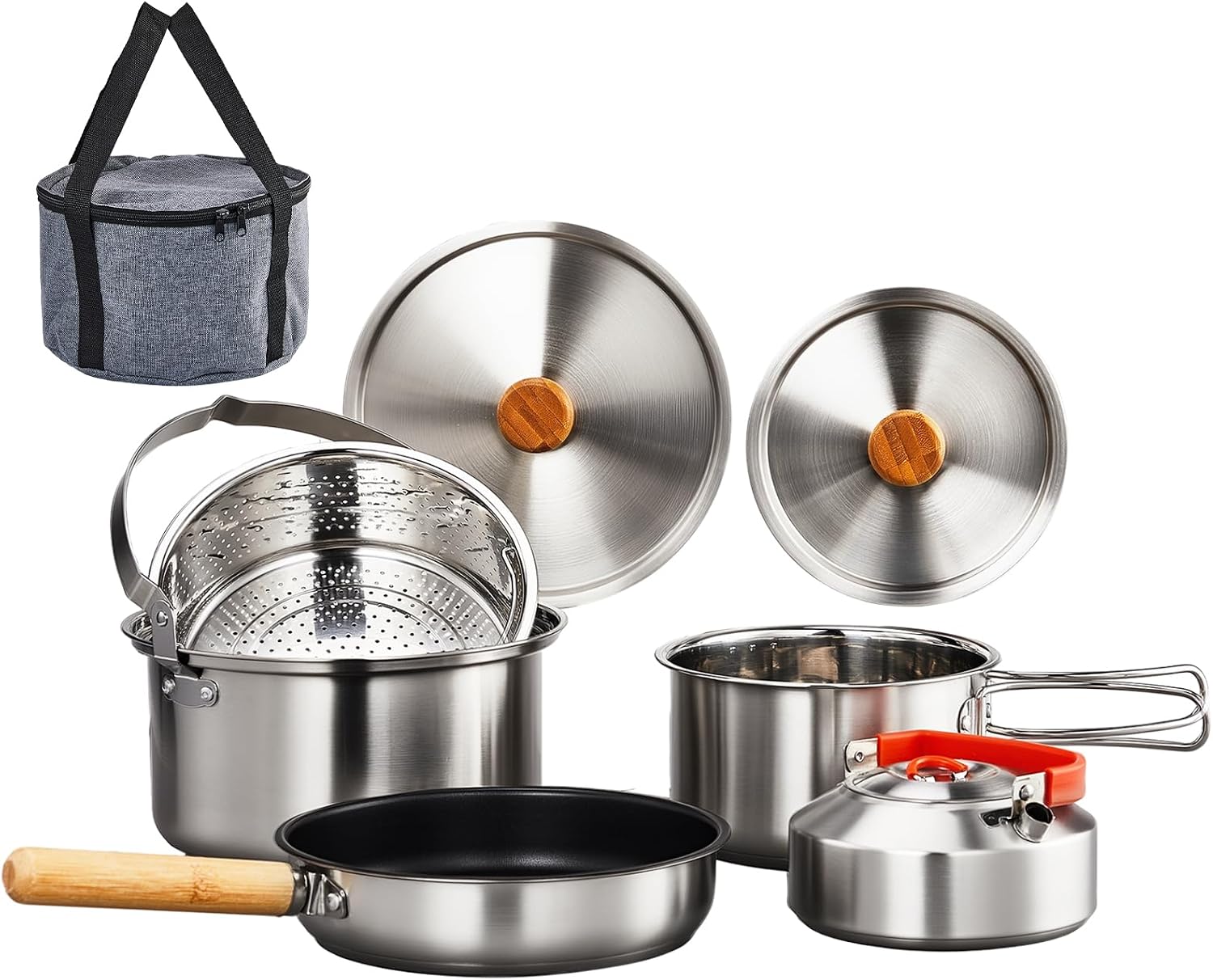 6点調理器具セット、304ステンレス製軽量ノンスティック鍋、 - Camping Cooking Set Stainless Steel のレビューと価格