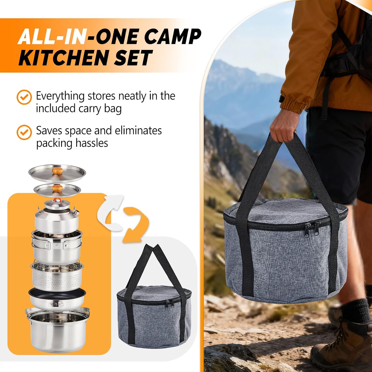 6点調理器具セット、304ステンレス製軽量ノンスティック鍋、 - Camping Cooking Set Stainless Steel のレビューと価格