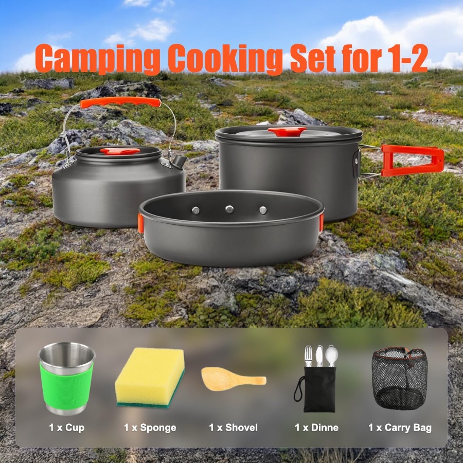 キャンプ用調理器具セット：35オンスの焦げ付き防止加工鍋＋5 - Camping Cooking Pan のレビューと価格