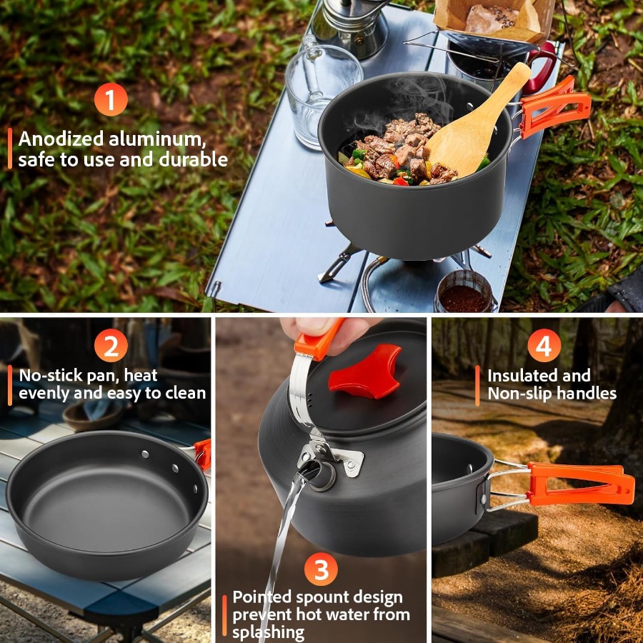 キャンプ用調理器具セット：35オンスの焦げ付き防止加工鍋＋5 - Camping Cooking Pan のレビューと価格