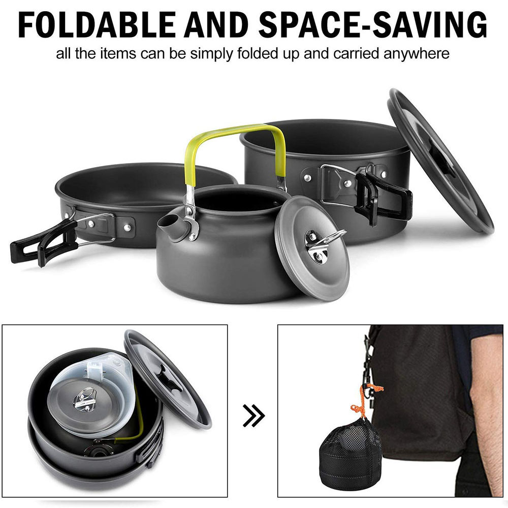 アルミ合金製のアウトドアキャンプ用調理器具セット、鍋にこびり - Camping Cooking Set For 4 のレビューと価格